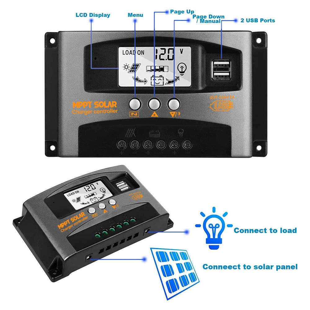 60A MPPT Solar Panel Battery Charge Controller 12V/24V LCD Regulator Dual USB