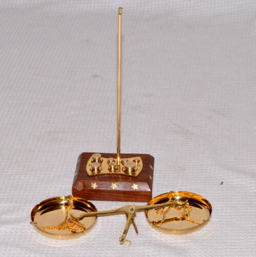 Solid Brass / Wood Small Weighing Scale With Some Weights Great Collectable