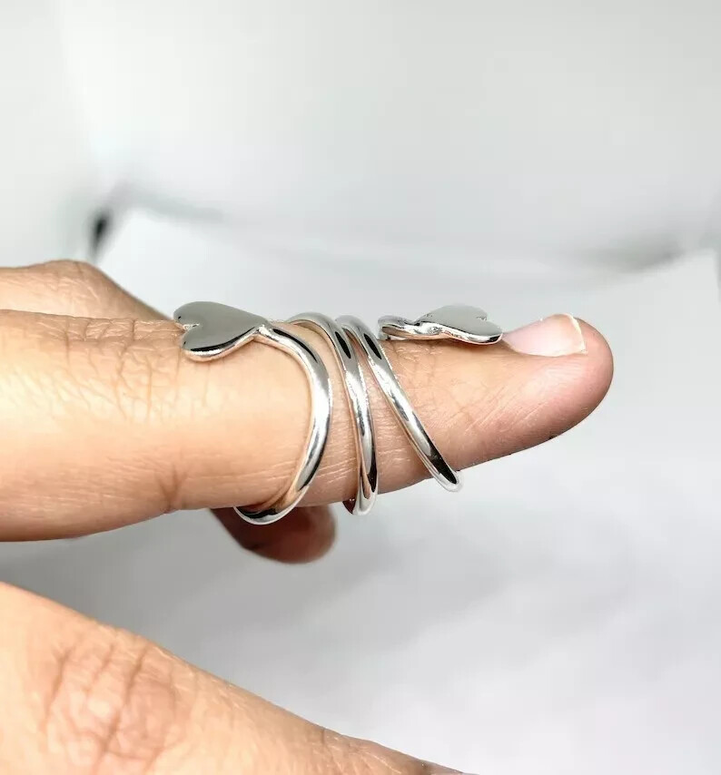 Solid 925 Sterling Silver Two Heart Mallet Finger Ring Splint Ring All Size DJ