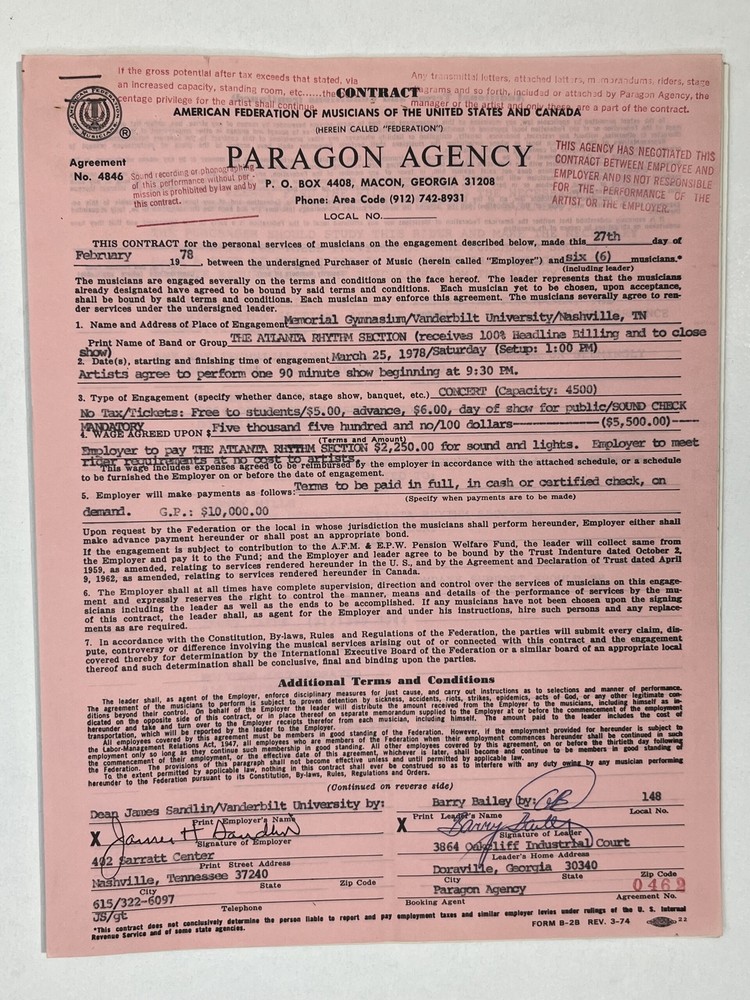 The Atlanta Rhythm Section Concert Contract 1978 Nashville TN