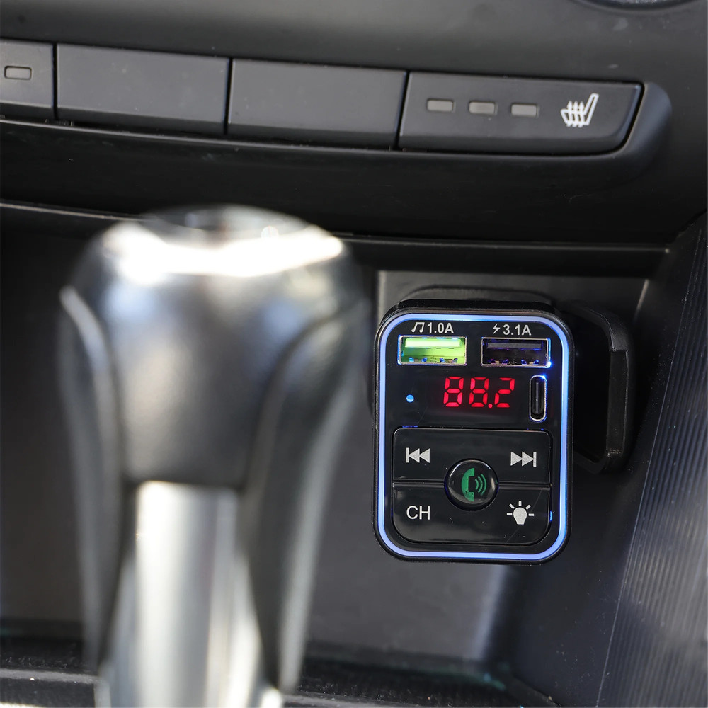 . Bluetooth FM Car Charger with LCD Screen, Type C, Wirelessly Stream Calls