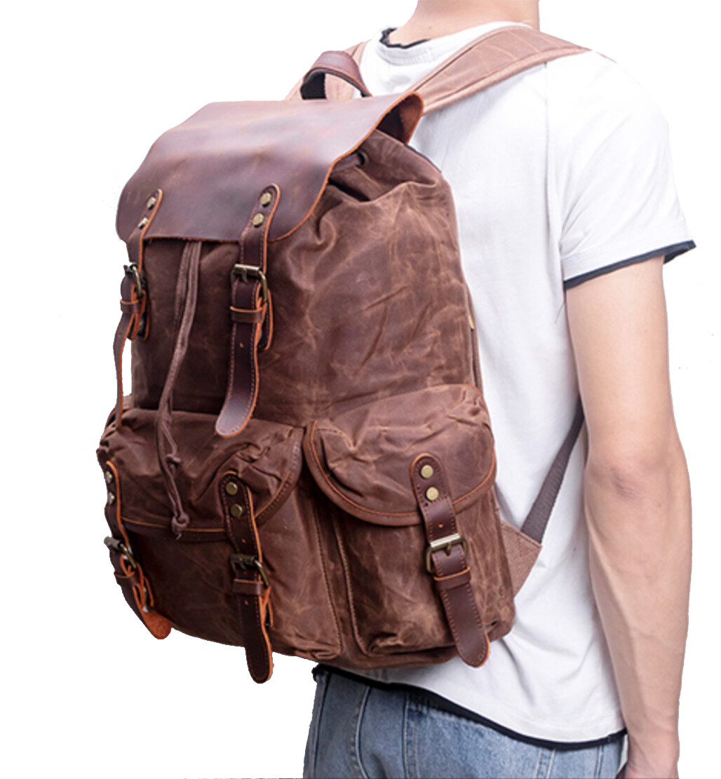Men Waxed Canvas Leather Backpack Travel Rucksack Camping Hiking School Book Bag