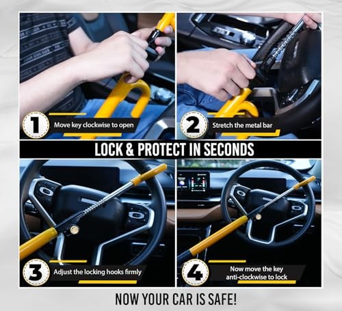 Ultra Secure Car Steering Wheel Lock, No Scratch Dual Locking Hooks, Fork/U
