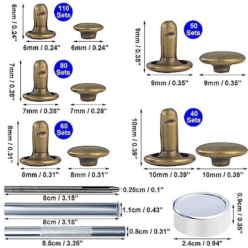 340 Sets Leather Rivets Kit Mixed Sizes Rivets for Leather Double Cap Bronze