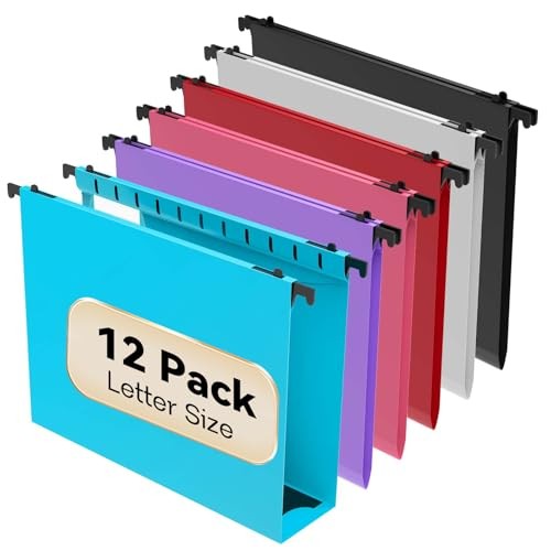 Extra Capacity Plastic Hanging File Folder Letter Size,12 Pack Multicolor