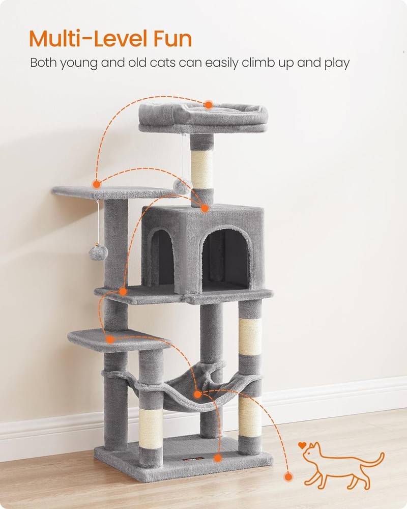 Feandrea 44.1" Cat Tree 🐱 Multi-Level Tower, Hammock, Cave, Scratching Posts