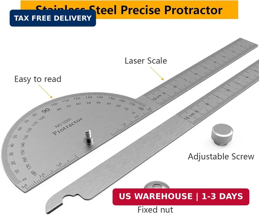 180 Degree Metal Protractor Adjustable Angle Ruler 2 Arm Measuring Tool