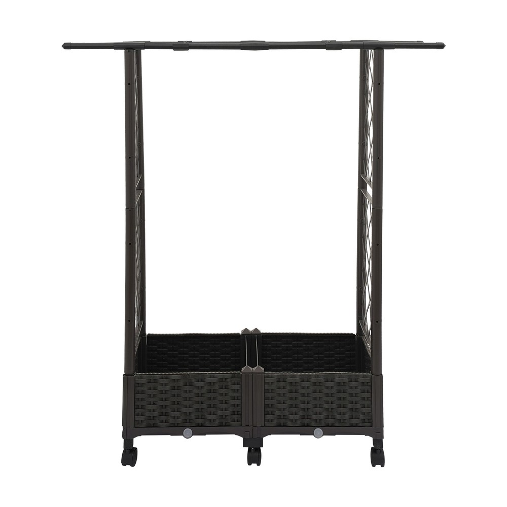 Grid-patterned Flower Box PP Planter Garden Box Brown Floor Standing with Wheels
