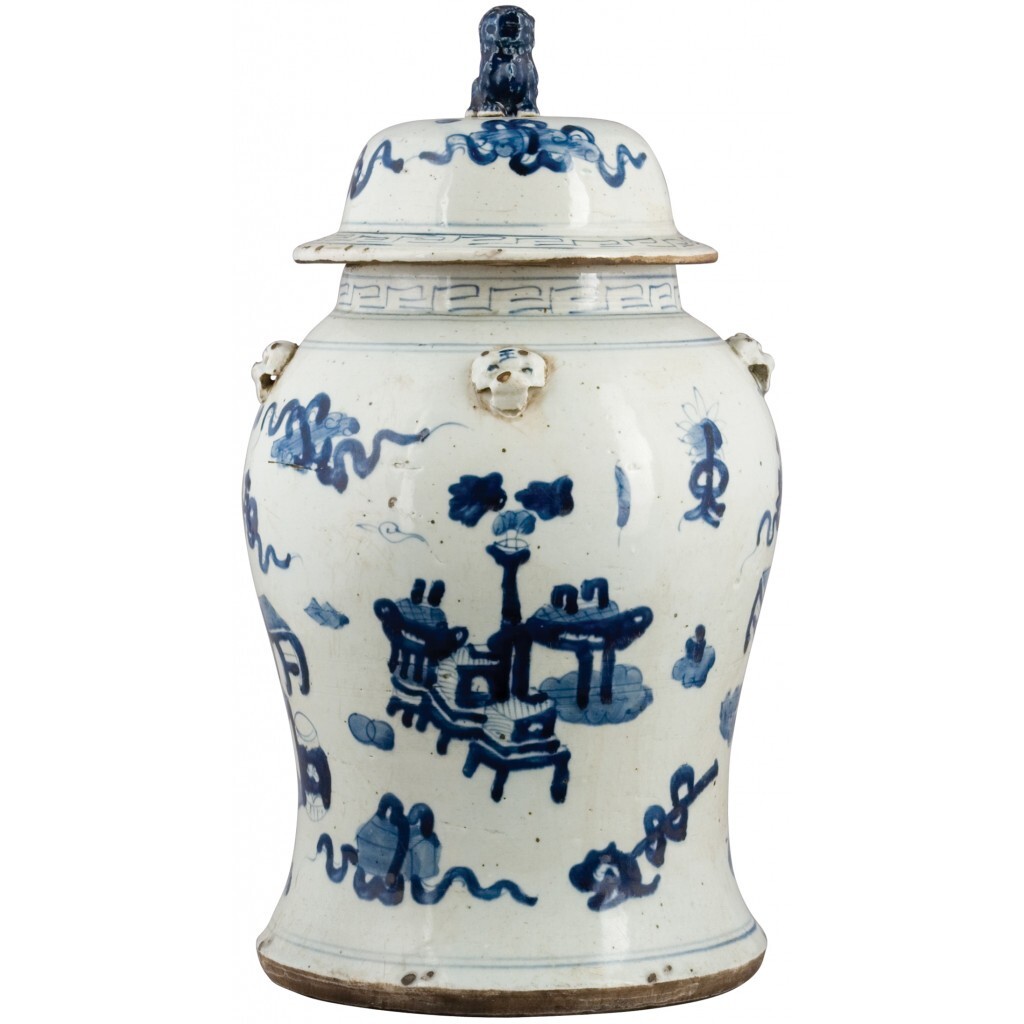 Chinese oriental porcelain blue & white GARDEN SCENE GINGER  JAR FOO DOG 18.75"