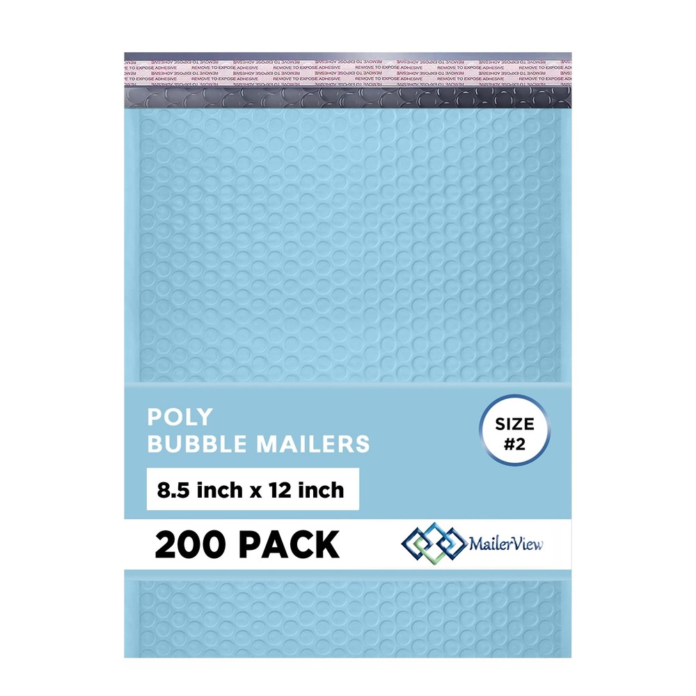 Light Blue Poly Bubble Mailers 8.5x12 inch #2 | Self Seal Padded Envelopes | Cus