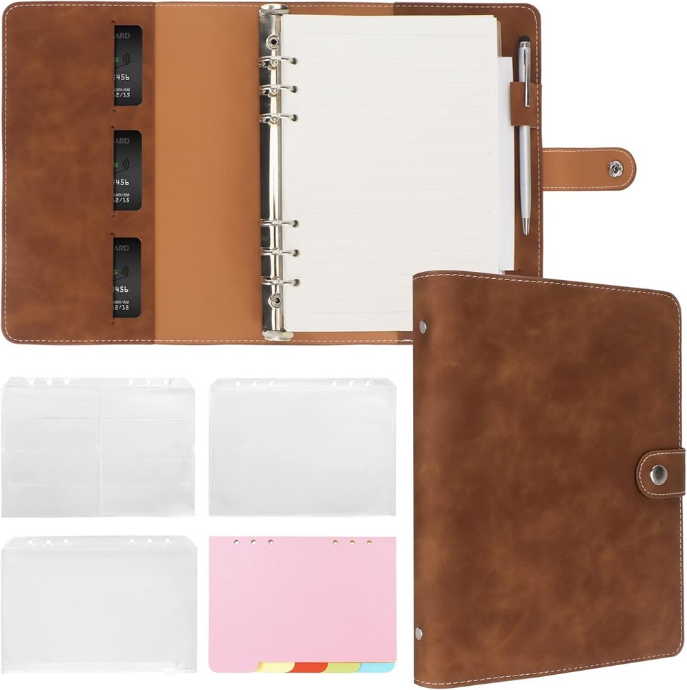 Binder Refillable Planner Notebook 6 Ring PU Leather Binder Journal A5 Brown