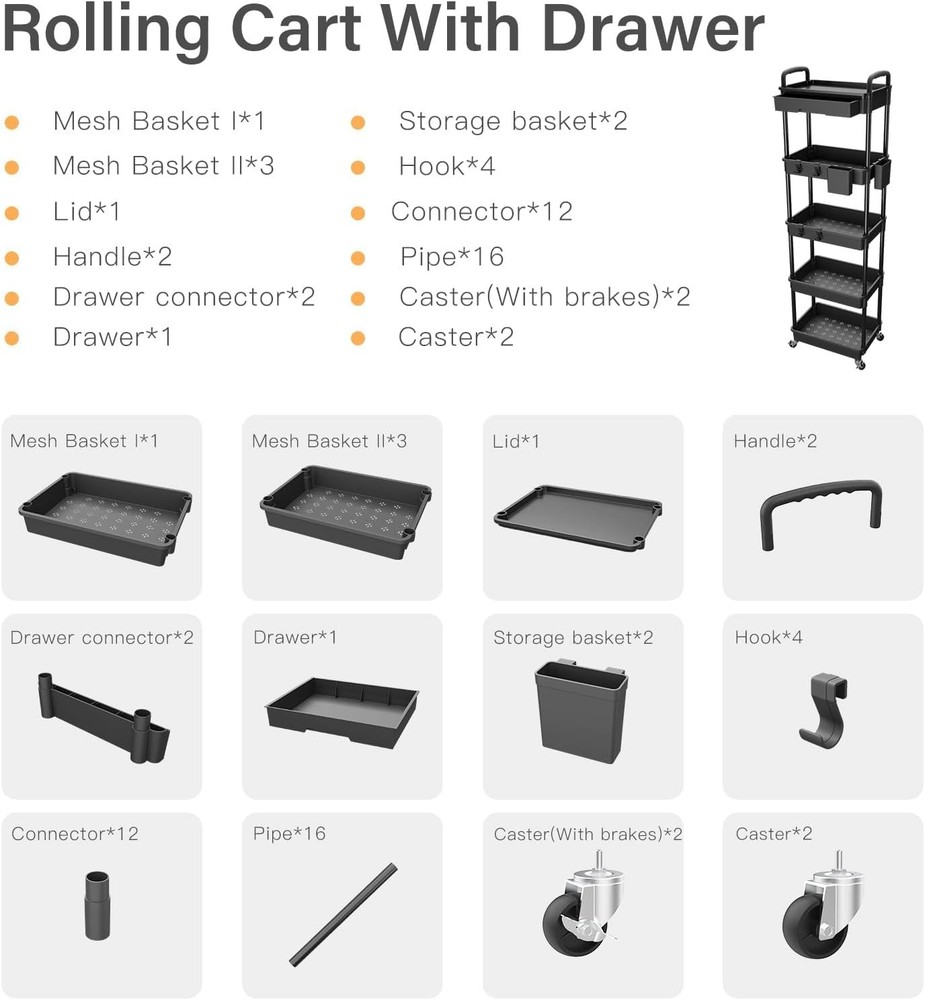 5 Tier Rolling Kitchen Storage Cart Organizer with Wheels Black Multi-Functional