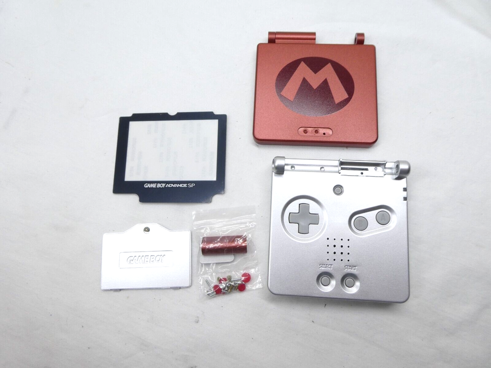 Gameboy Advance SP shell replacement Red/Silver Mario with new screen lens