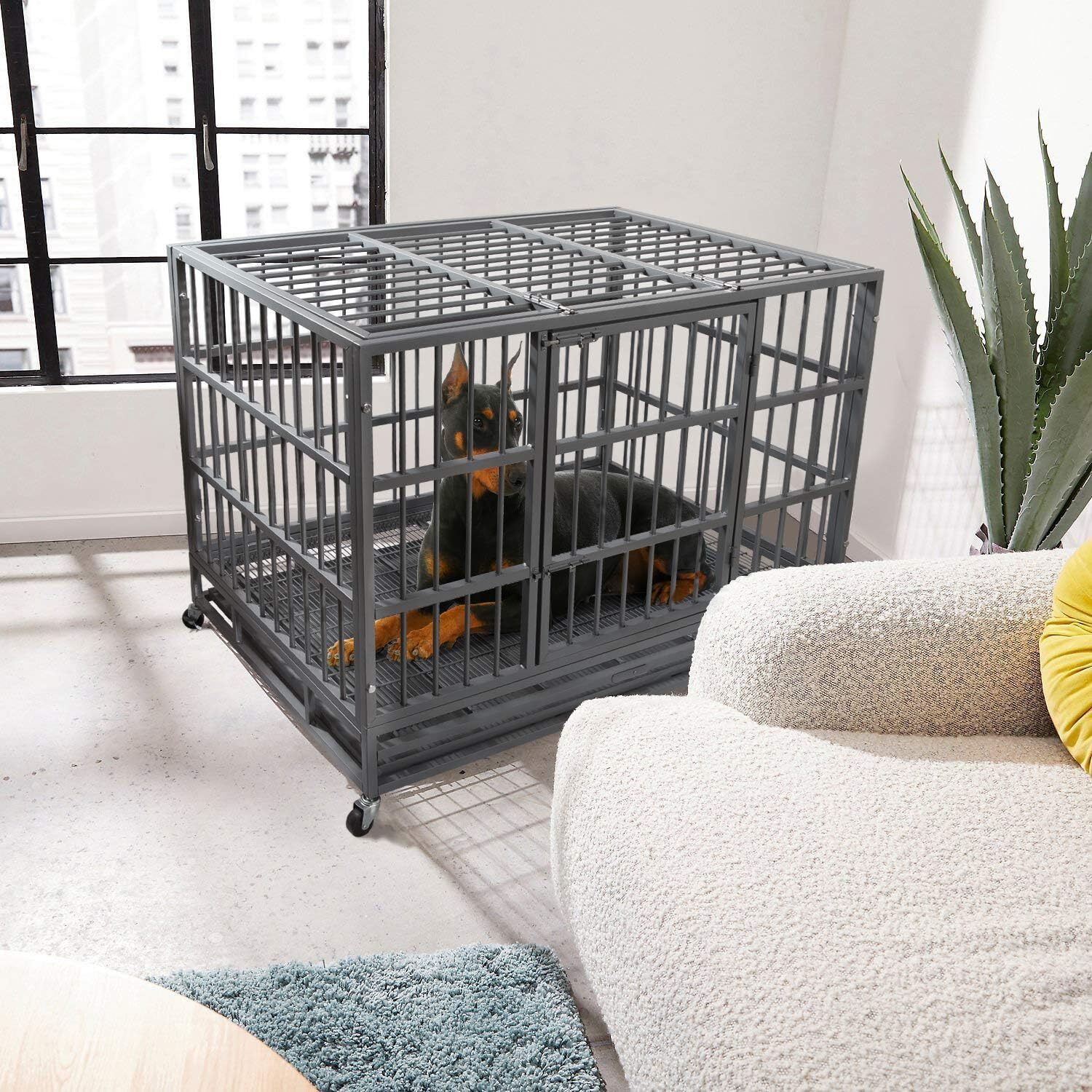 48 Inch Heavy Duty Indestructible Dog Crate Cage Kennel with Wheels,High Anxiety