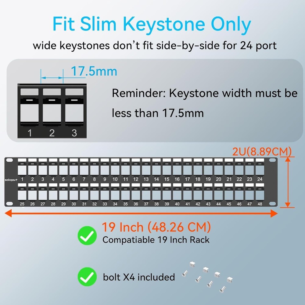 48 Port Blank Keystone Patch Panel with Snap-in Design, Cat6 Network 48