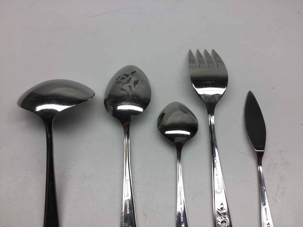 5 Piece Oneida Rose Shadow Stainless Flatware Pierced Fork Meat Fork Etc.