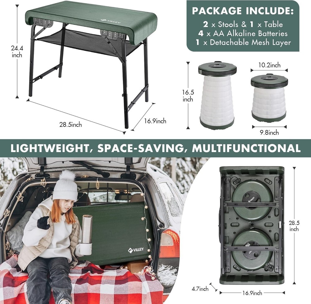 VILLEY Camping Table and Collapsible Stools Set Lightweight Foldable Beach Table