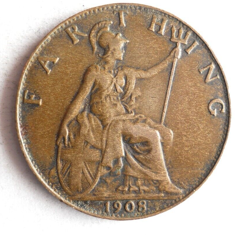 1908 GREAT BRITAIN FARTHING - Excellent Coin - FREE SHIP - Bin #348