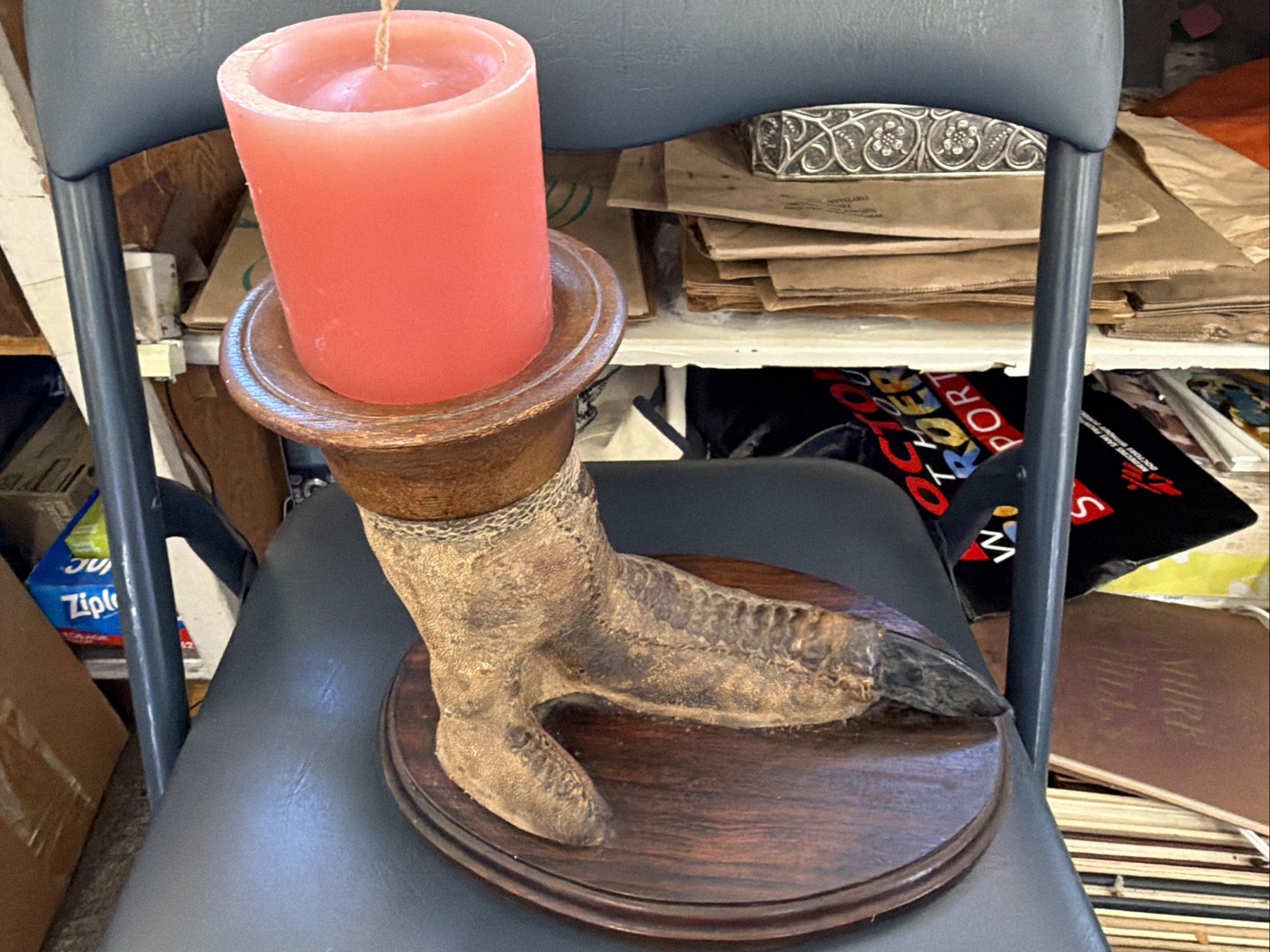 Vintage Ostrich Foot Stand w/ Wooden Dish Australian Curio Decor