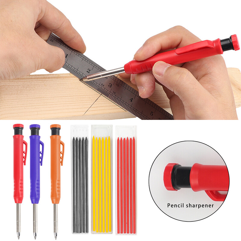 Solid Carpenter Pencil 6Refill Leads forConstruction Built-in Sharpener Drawing✔