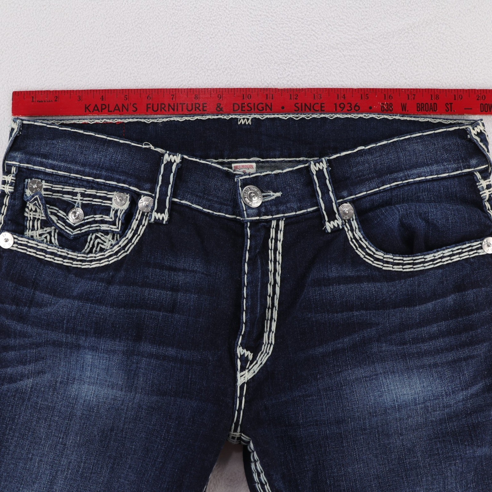 True Religion Straight Flap Super QT Jeans Mens 38 Dark Wash White Thick Stitch