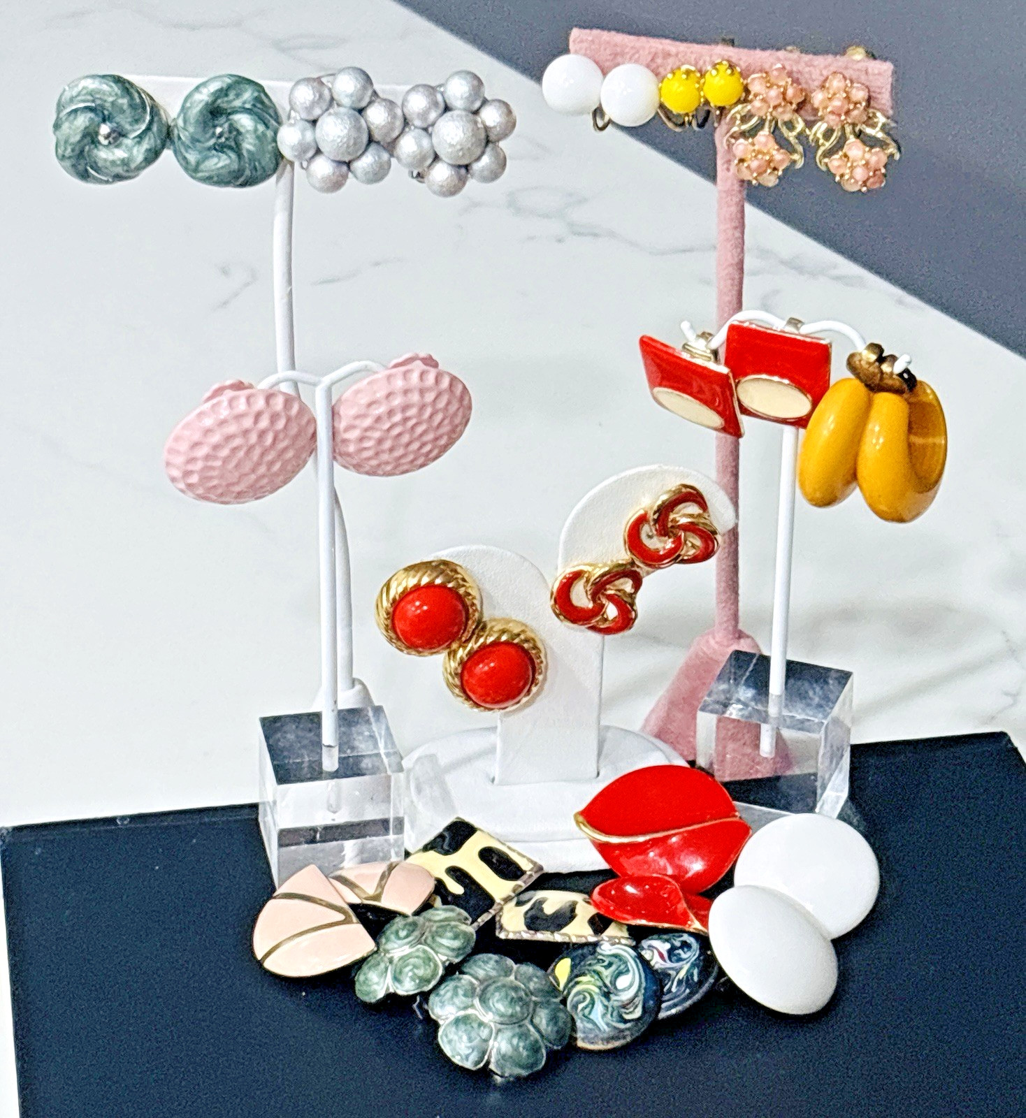 Vintage Clip On Earrings Lot 80s 90s MCM Enamel Colorful Retro Geometric