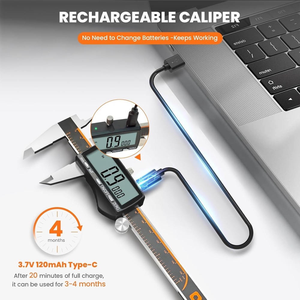 Versatile 6-Inch Digital Caliper - Rechargeable, Auto-Off, LCD for All Projects