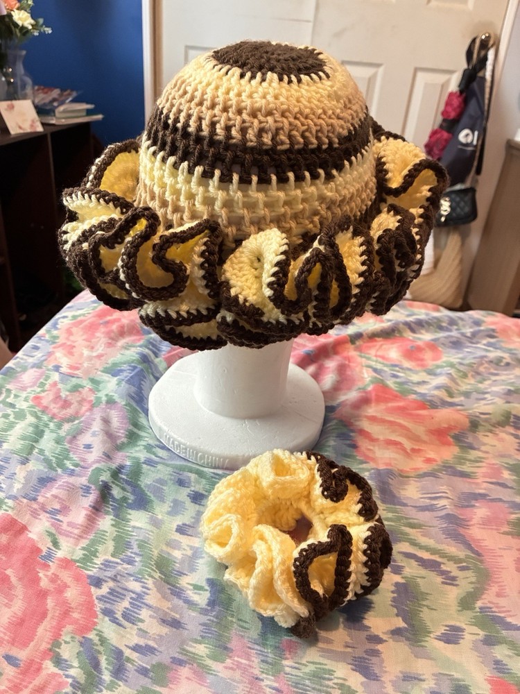 Handmade Crocheted Yellow Brown Ruffle Hat with Matching Scrunchie Set