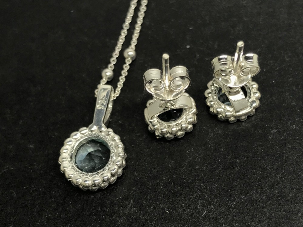 Blue topaz round pendant stud earrings set solid Sterling silver satellite chain