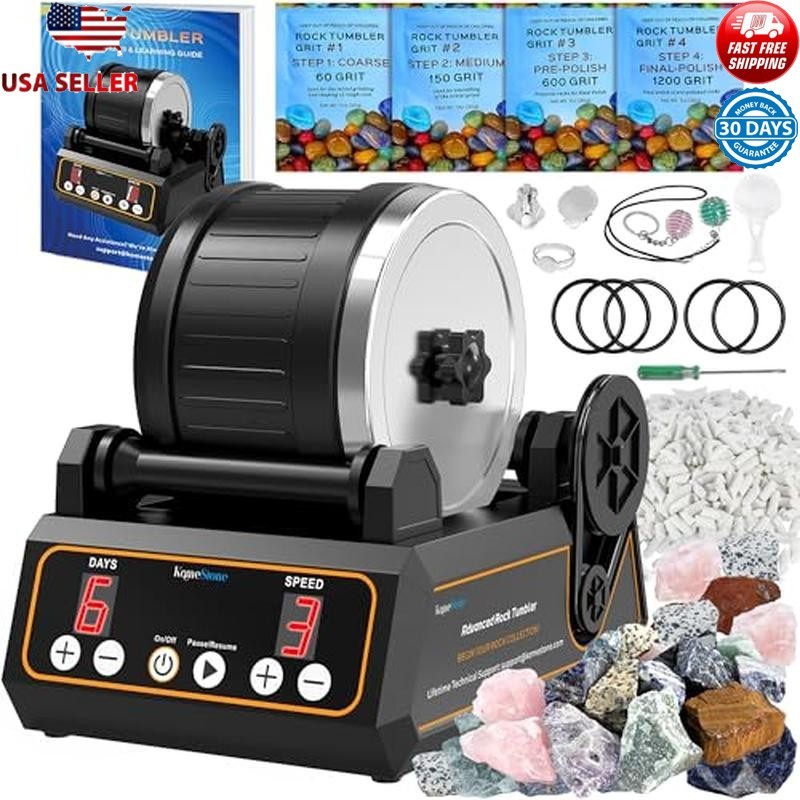 Rock Tumbler Kit Large Capacity Digital Timer Memory Function Full Accessories