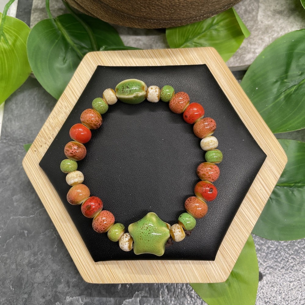 Handmade Ceramic Bead Beaded Stackable 6.5” Plus Stretch Bracelet New B16
