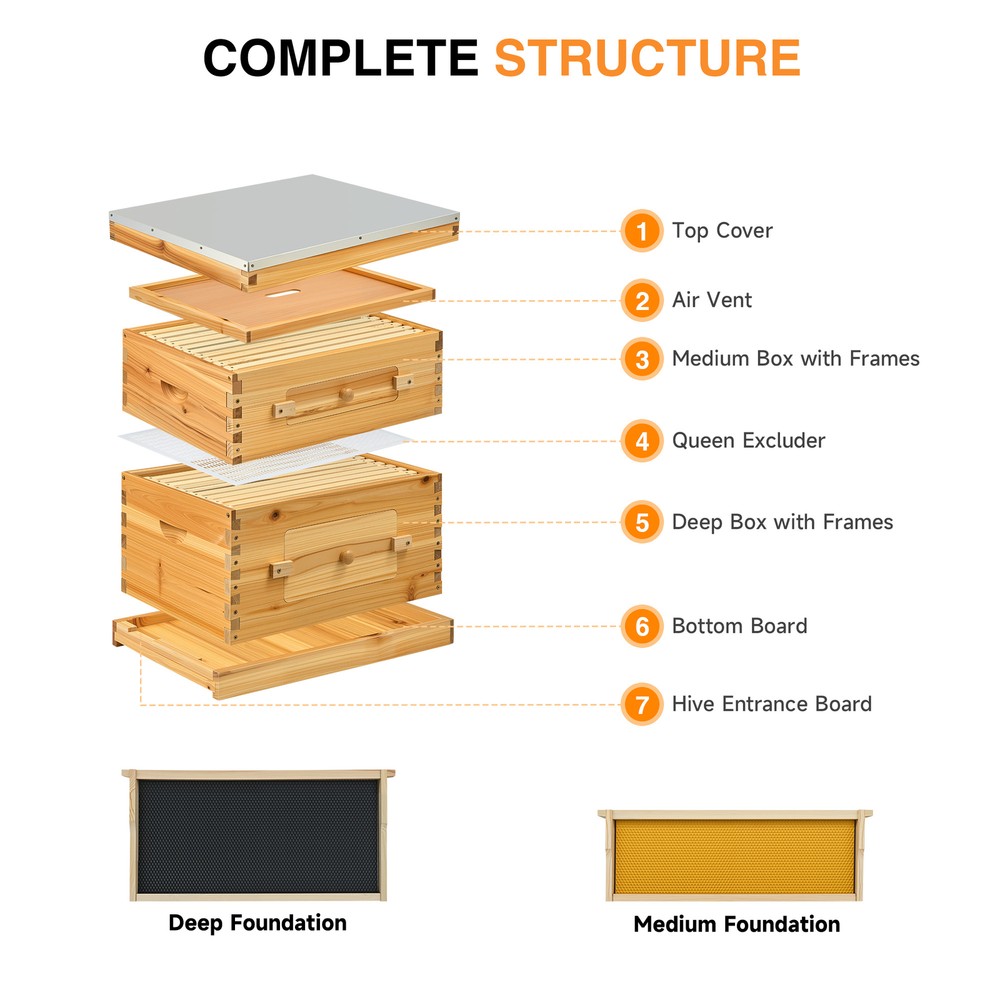 Beehive Frame BeeHive Box Kit W/ Beeswax Beekeeping 20 Frames 10 Deep+10 Medium