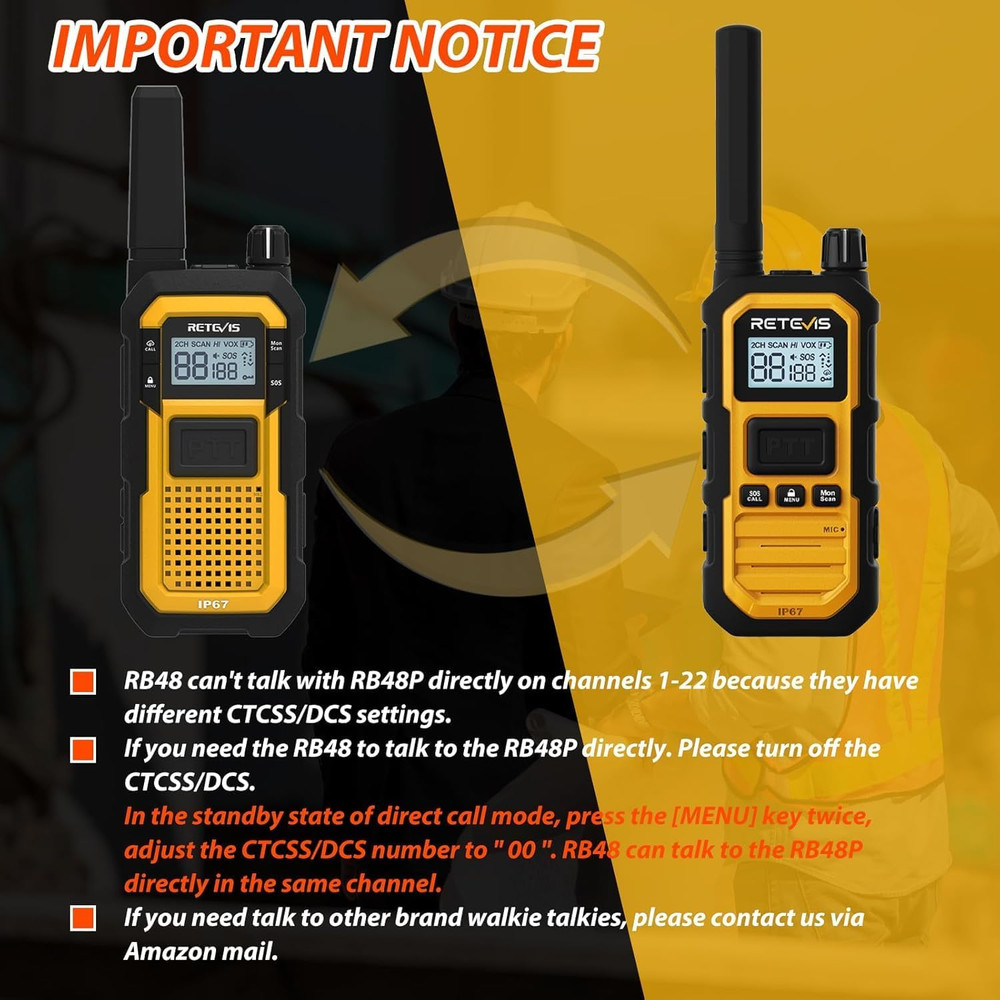 RB48 Plus Walkie Talkies - Long Range, Waterproof, Rechargeable 2 Pack