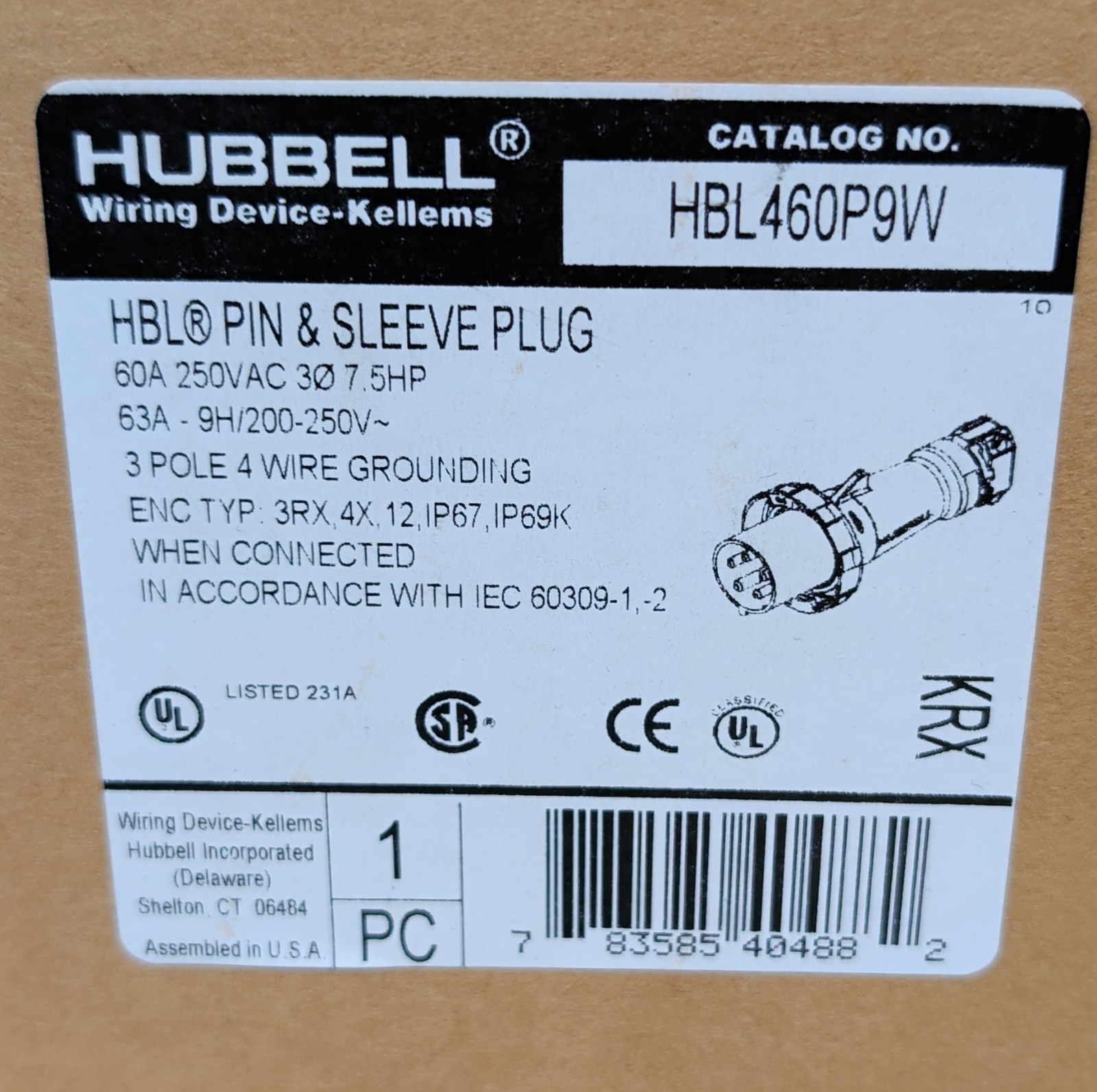 Hubbell HBL460P9W Pin & Sleeve Plug 60A 250V IEC 60309 3P4W IP67 IP69K Blue Gray