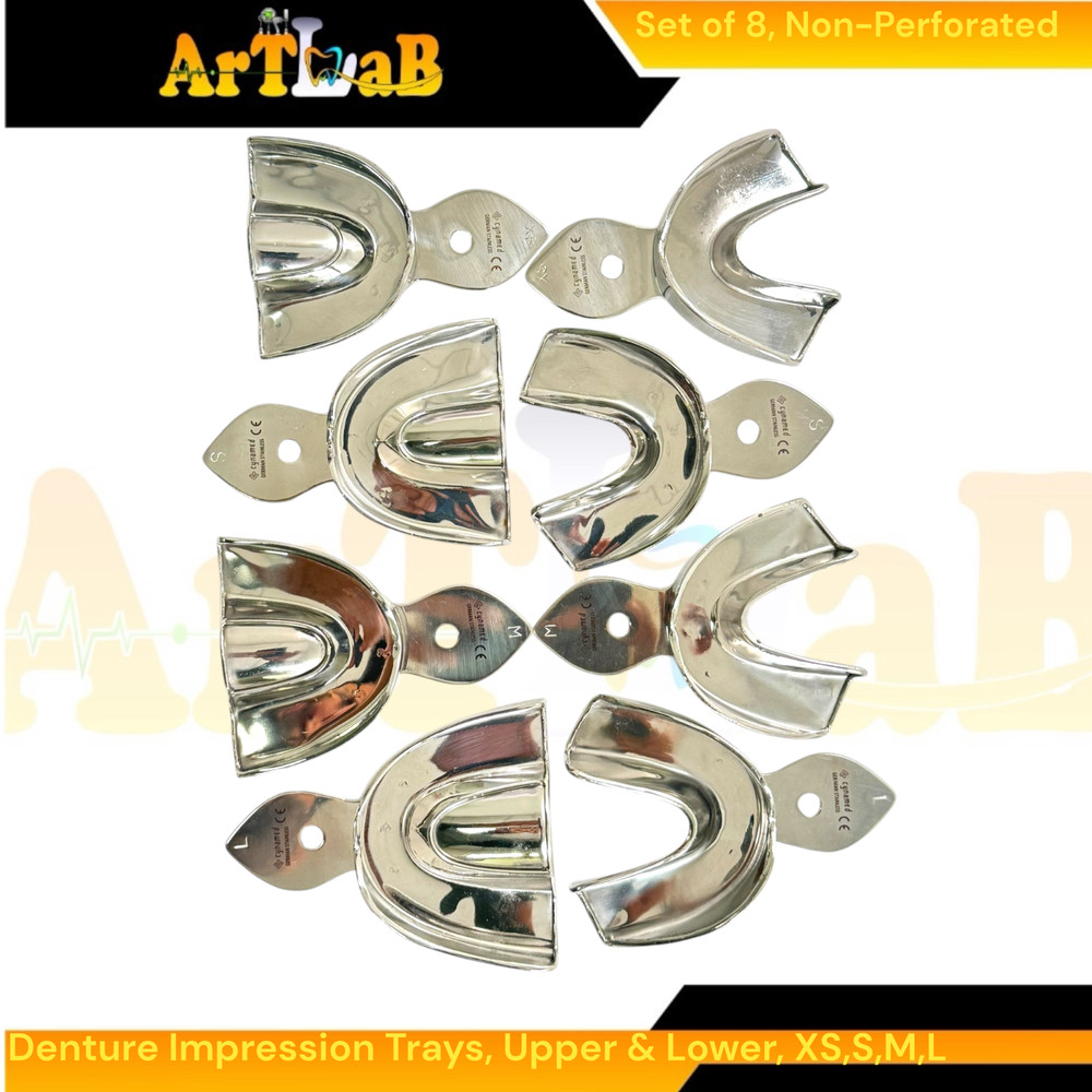 8 Pack Metal Denture Impression Tray Solid, Upper & Lower, XS+S+M+L | Stainless