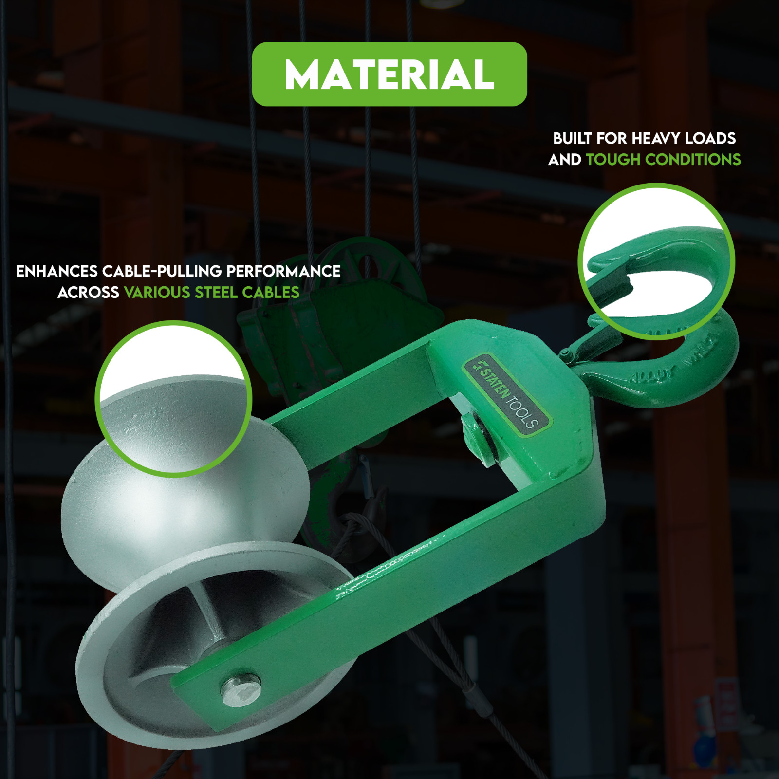 Staten Tools 650 Cable Puller Sheave, Hook, Wire, 6 In Diameter 6500lb