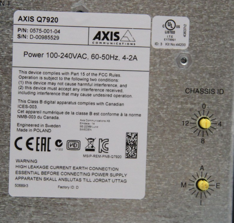 New Open Box AXIS Q7920 Rackmount Video Encoder Chassis PN: 0575-001-04