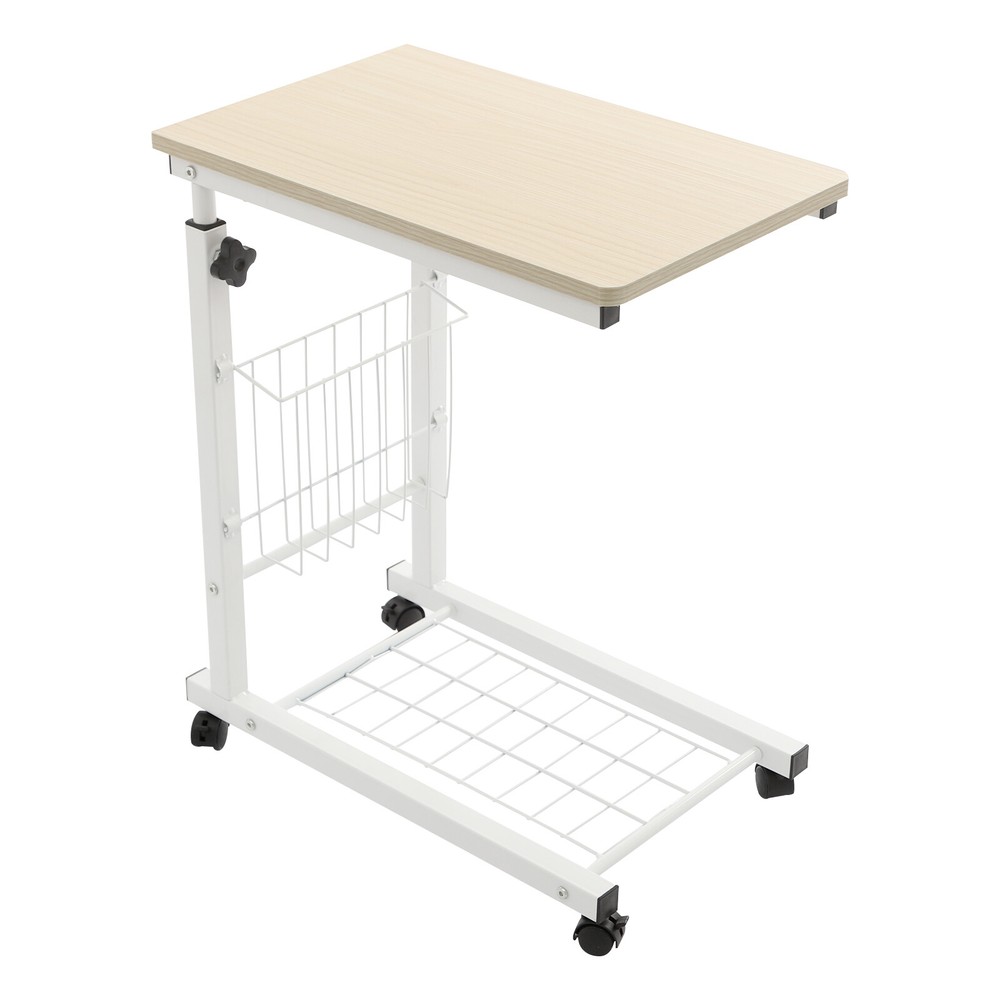 Adjustable Bed Side Table With Wheels, 2 Tier C Shaped Mobile Standalone Table