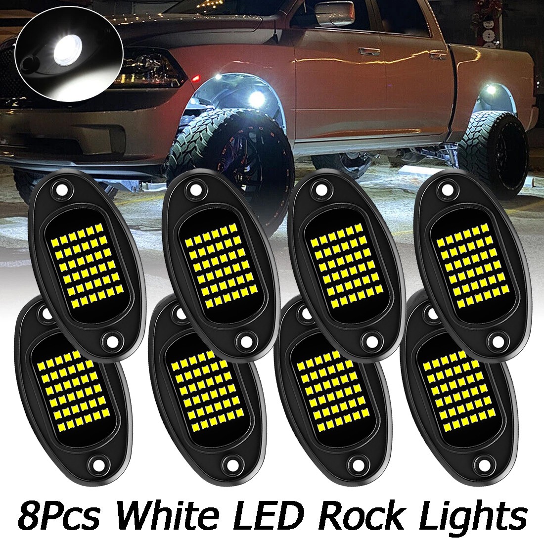 8 x Pure White LED Rock Lights Underbody Glow Lamp for Offroad SUV Pickup Truck