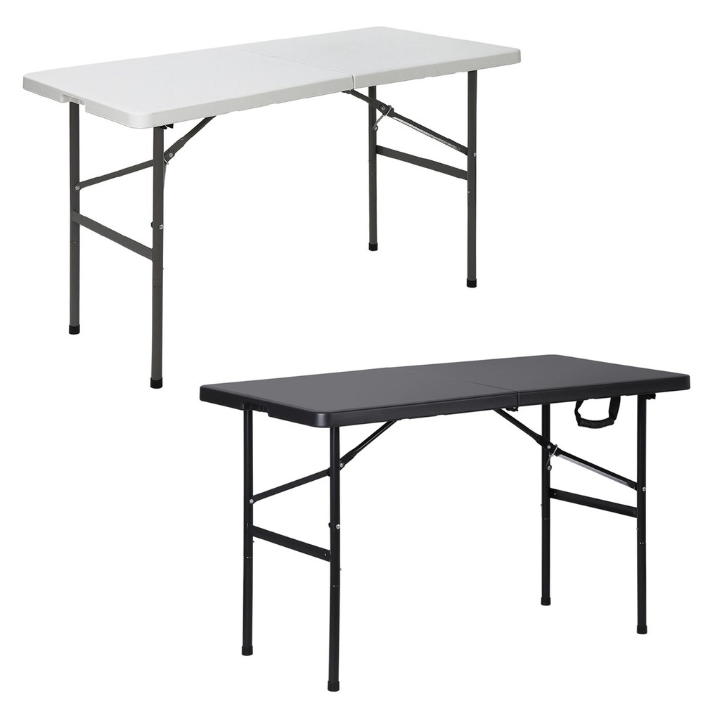 4FT Folding Picnic Table Plastic Dining Table with Carrying Handle White/Black
