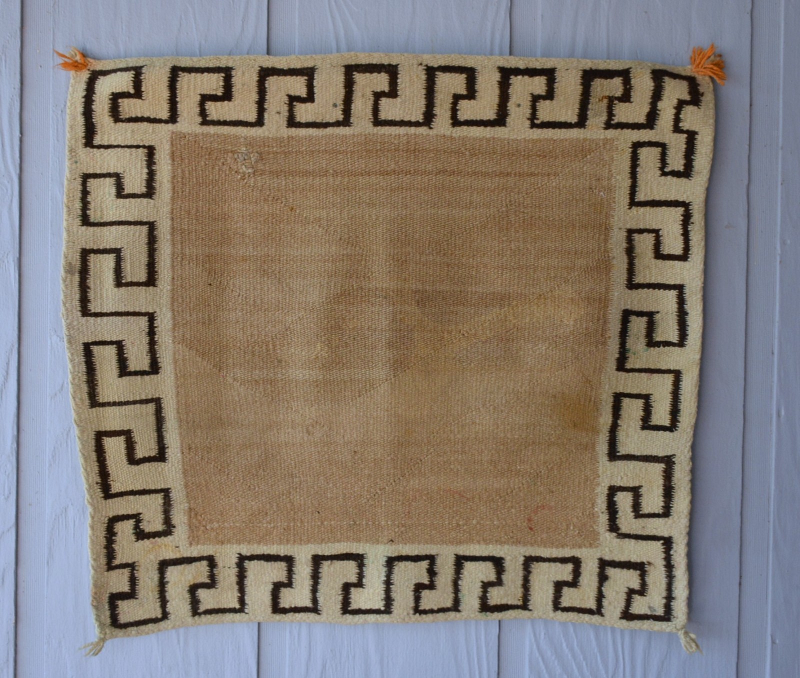 Rare Open Field Navajo Saddle Blanket Rug - Wide Greek Key Border - 28" x 31"