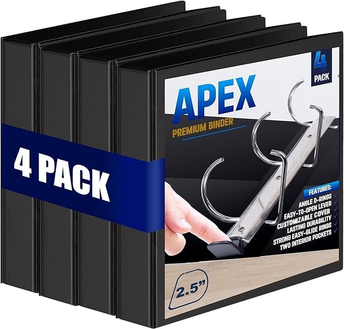 4 Pack of 2.5” Smooth Opening Angle D-Ring View Black Binders, Professional