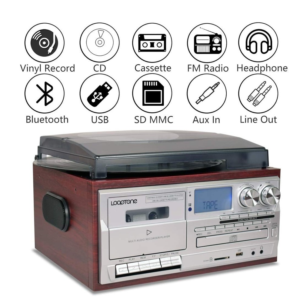 LoopTone 18CD-R Vinyl Record Player 9-in-1 Multi-Function Turntable, 3-Speed,