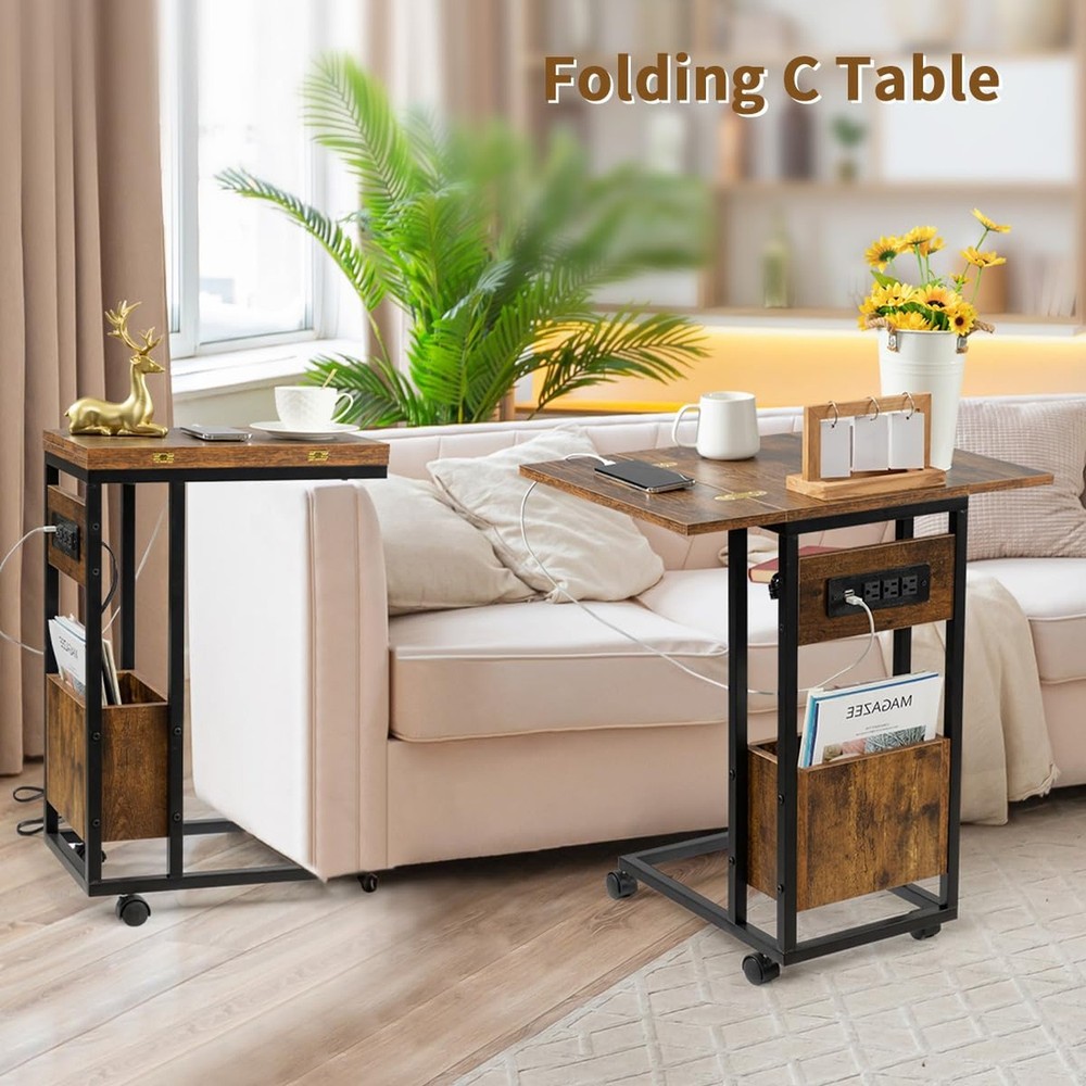 Hadulcet C Shaped End Table with Charging Station & Foldable Tabletop, Foldin...