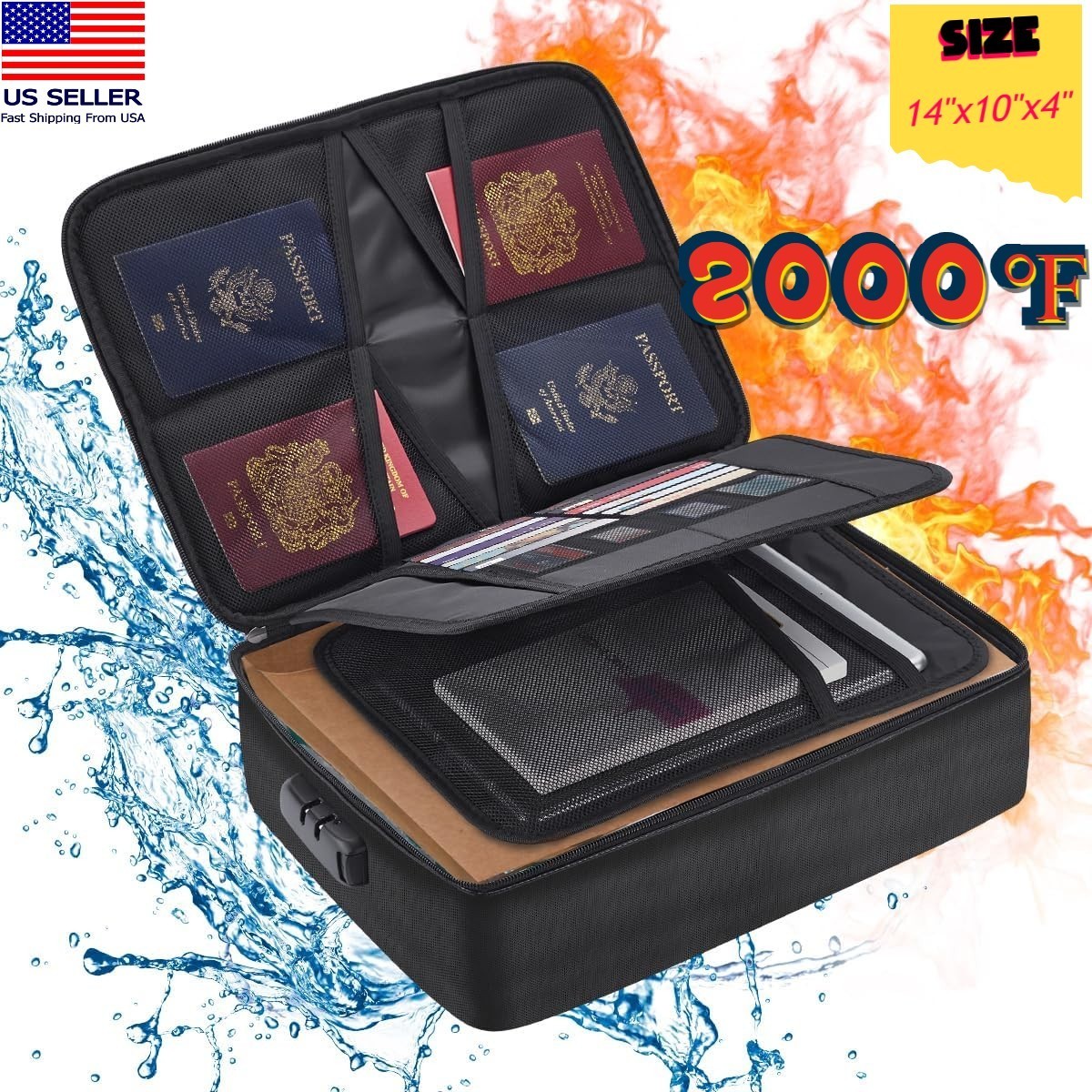3-Layer Fireproof Document Box with Lock File Storage Box Waterproof Safe Bag US