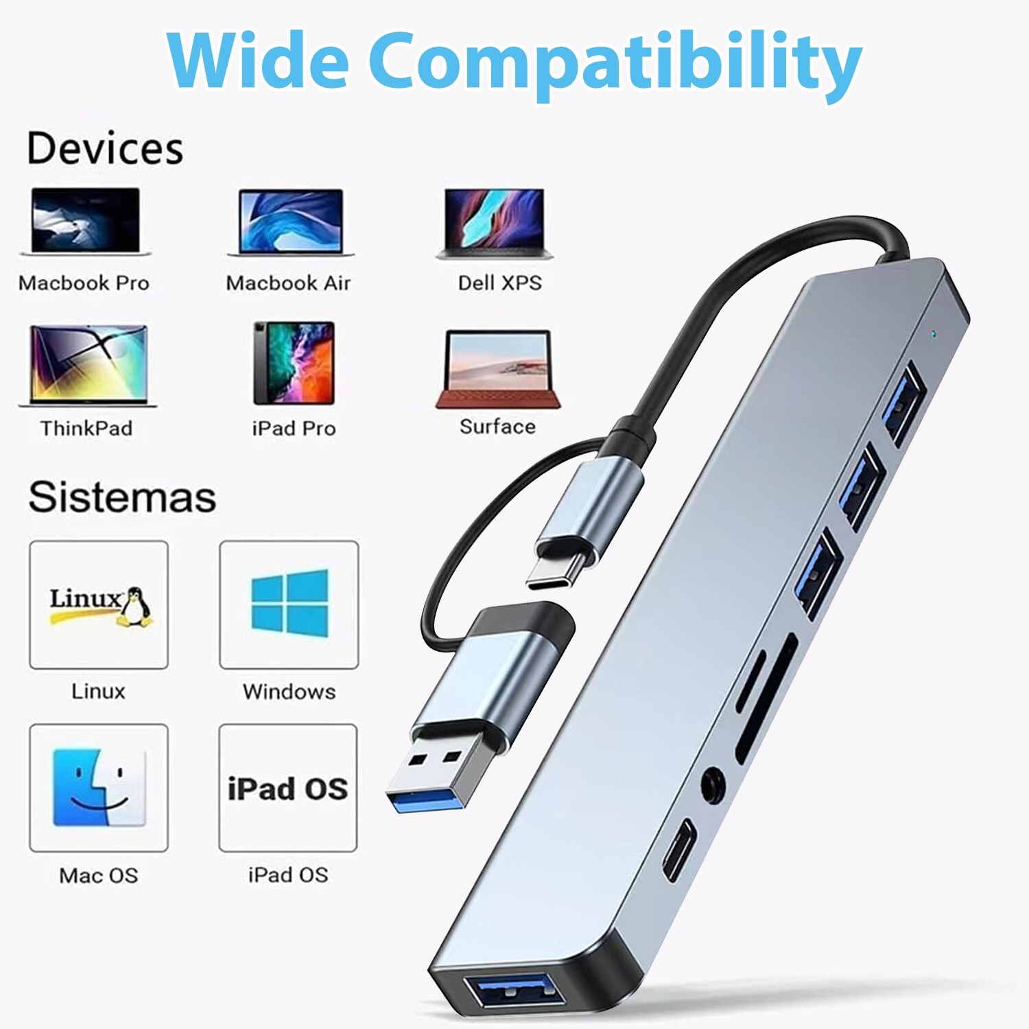 7/8 Port USB-C Hub Adapter - 5G Speed Multi Splitter for PC, Laptop & MacBook US