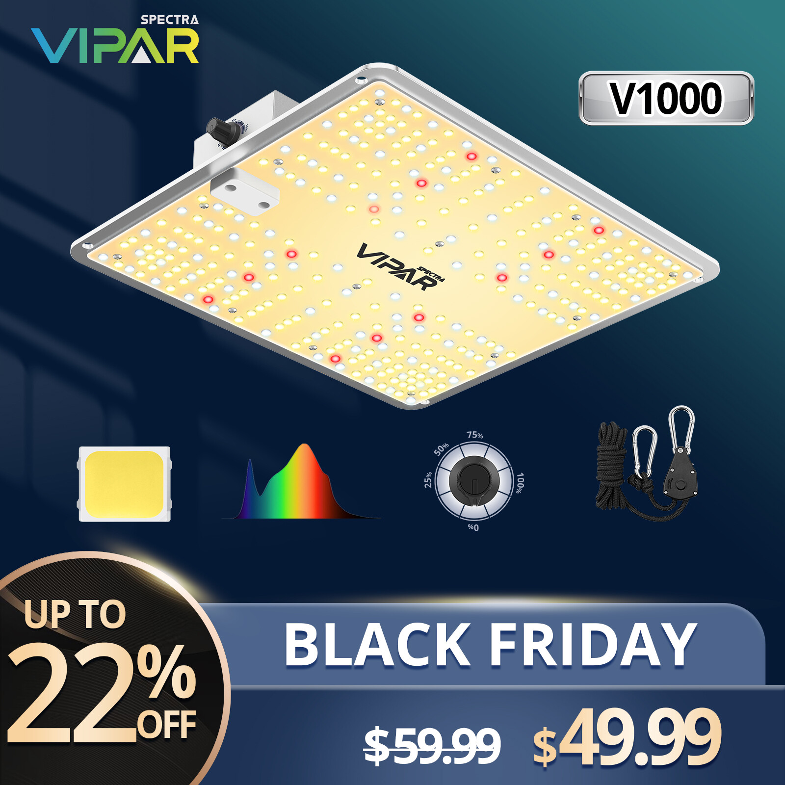 VIPARSPECTRA V1000 LED Grow Light Full Spectrum for Indoor Plants Veg Bloom IR