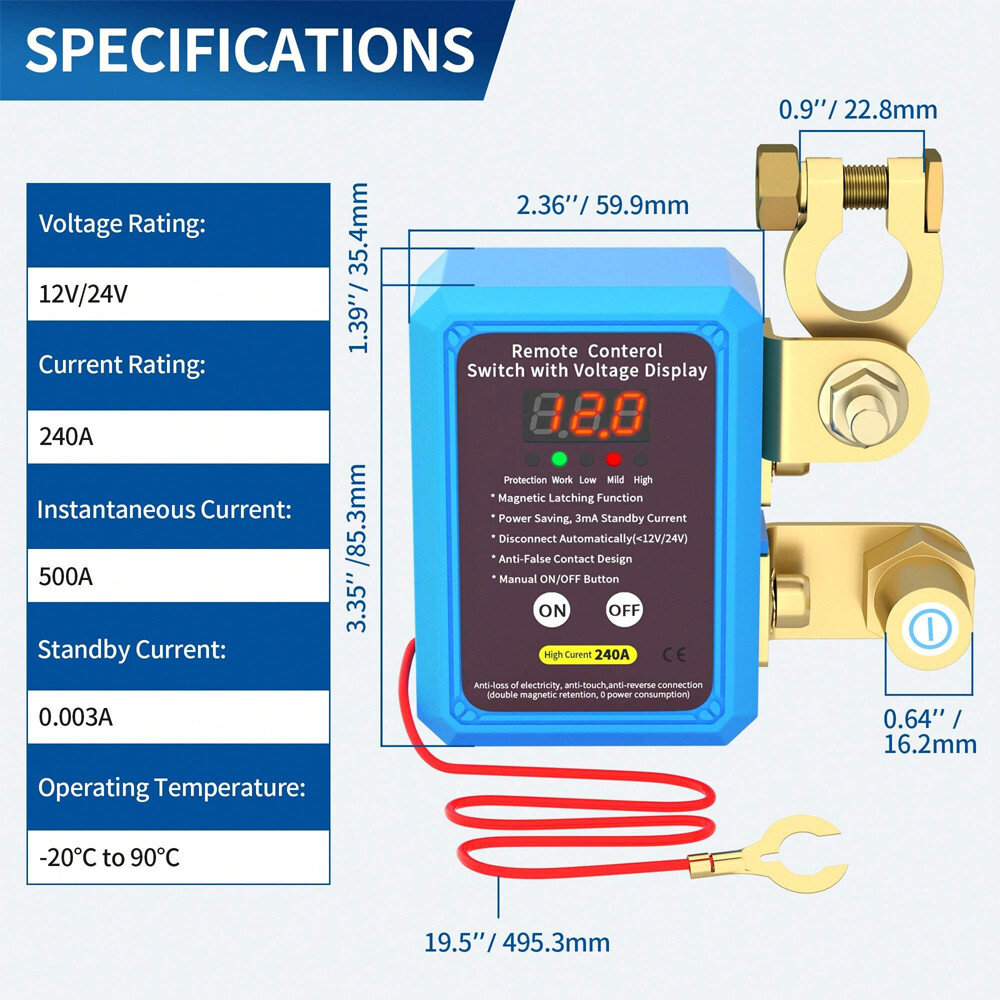 Remote Battery Disconnect Switch 12V/24V 240A Kill Switch LED Voltmeter Display