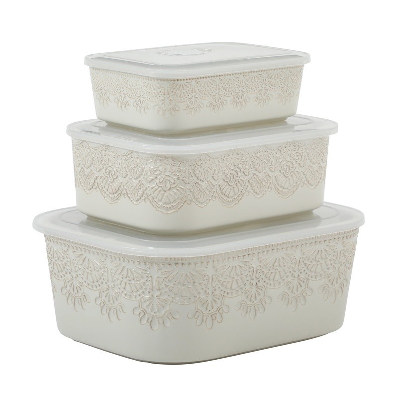 Vintage Lace 6-Piece Rectangular Ceramic Bakeware Set W/ Lids Serving Storage US