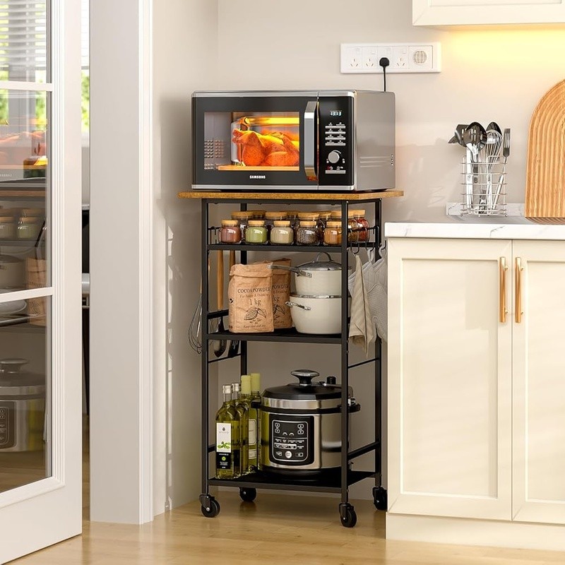 4 Tier Rolling Microwave Cart Kitchen Storage Rack W/ Lockable Wheels Hooks New